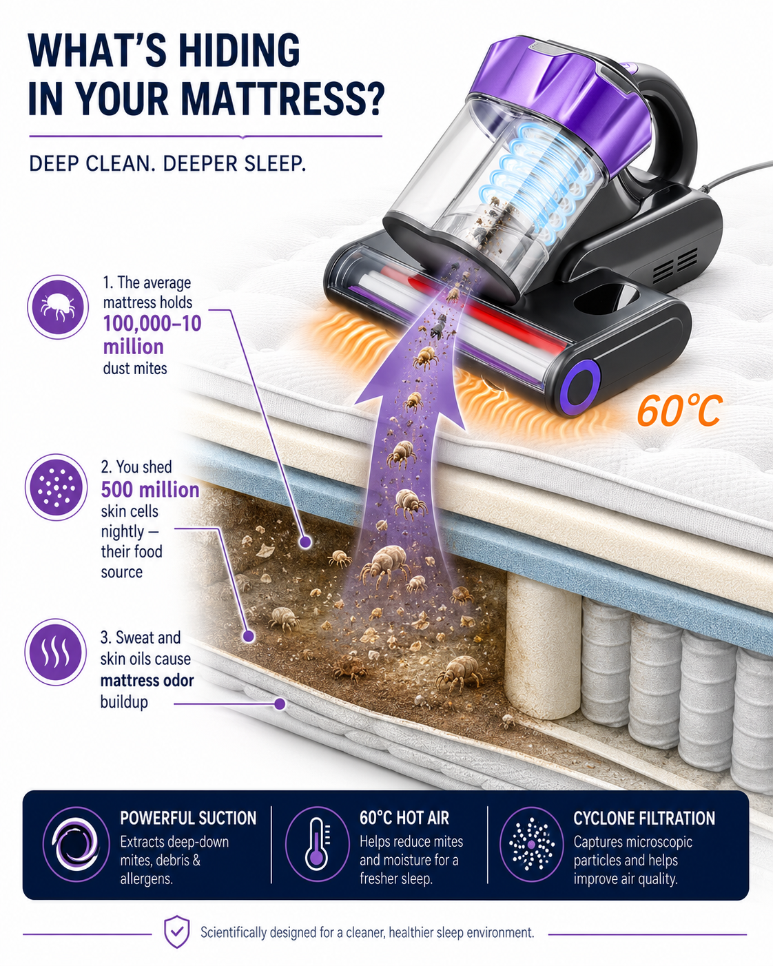 Deep-Clean Mattress Vacuum with Hot Air & HEPA Filter